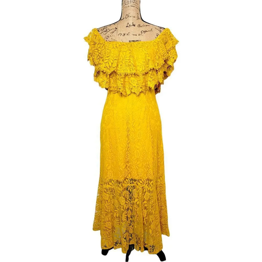 LULUS Women's Regular Lace Off The Shoulder Ruffle Maxi Dress Size Small Yellow